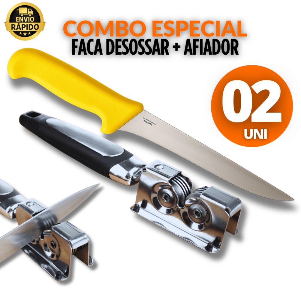Jogo 2-Faca para Desossar 6" Polegadas Premium Corneta Lâmina em Aço Inox + Afiador Amolador de Faca