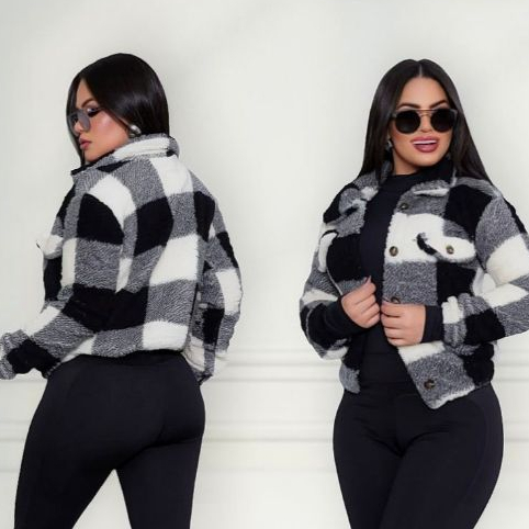 Casaco Teddy Xadrez Feminino Botões Inverno Frio Pelo de Carneiro Junina Tamanho Único