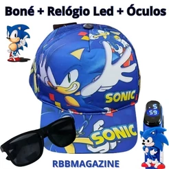 Kit Relógio + Boné + Óculos Sonic bordado, estampado ou 3d