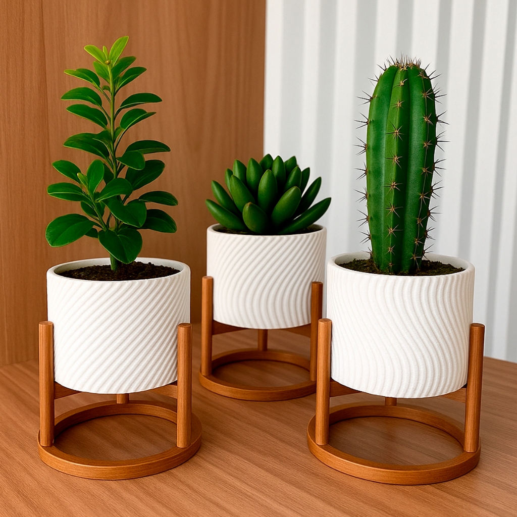 Trio de Vasos Cachepot Minimalista para Suculentas ou Cactos Com Suporte