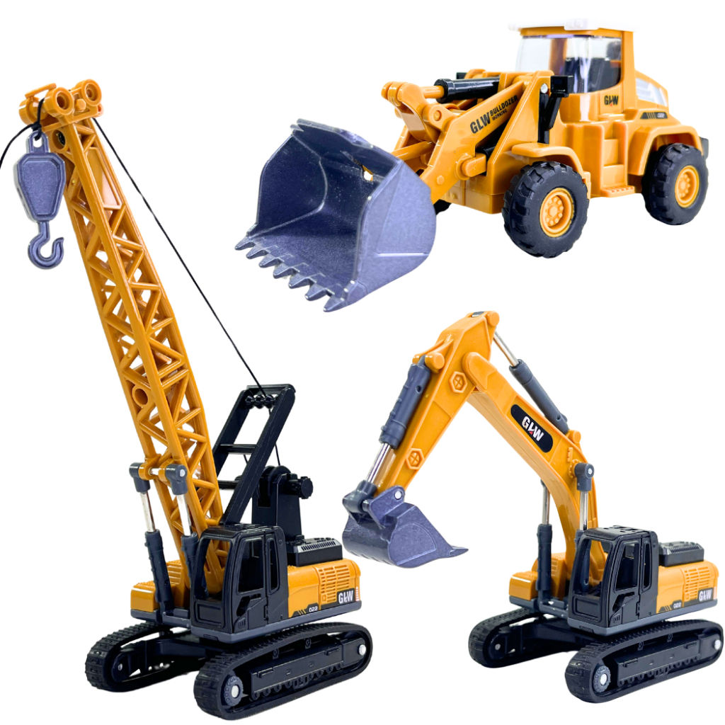 Miniatura metal tratror escaveira e guindaste modelo premium