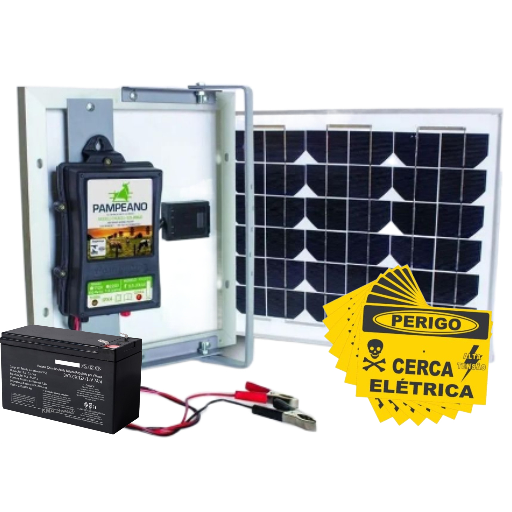 01 Eletrificdor solar Pampeano PA300 c/ Bateria 12V 7A + 05 Placa de cerca eletrica