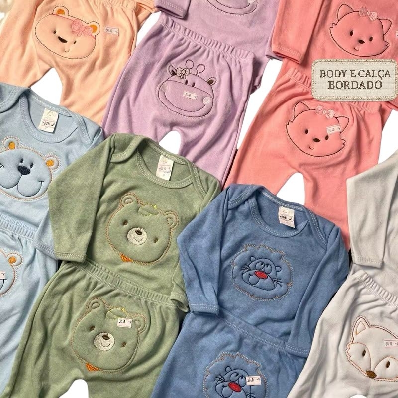 Kit 2 Peças Body e Mijão Bordado 100% Algodão Para Bebê Menino e Menina