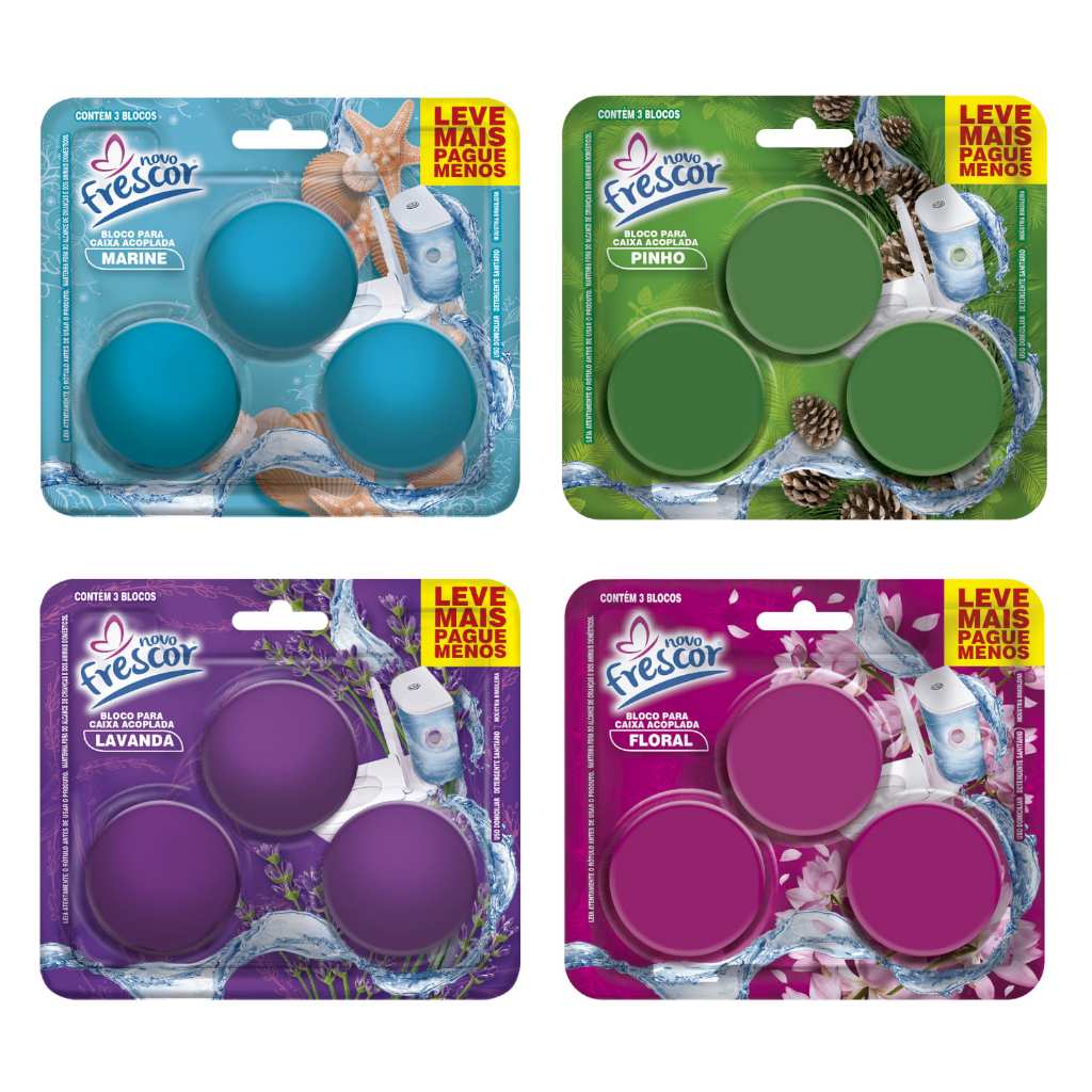 Bloco Sanitário Triplo para Caixa Acoplada 45g Novo Frescor Diversas Fragrâncias em Oferta na Shopee