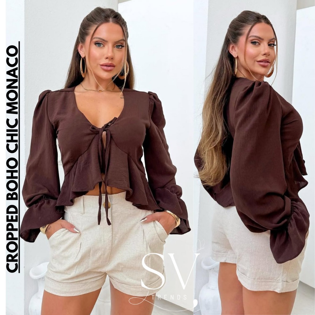 BLUSA BATA BOHO CHIC MONACO TENDENCIA 2025 MANGA LONGA DECOTE V