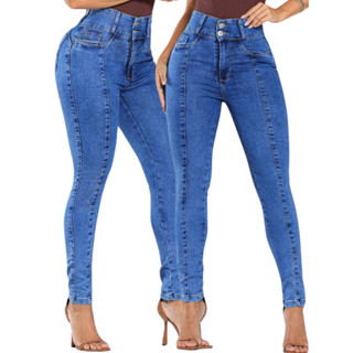 Calça Jeans Skinny Feminina Modeladora Cós Largo Com Lycra Cintura Alta Levanta Bumbum La…