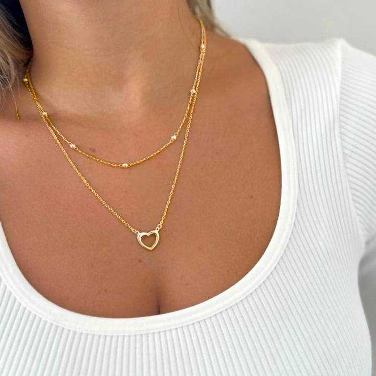 Colar duplo feminina em banhado à prata 925 e ouro 18k bolinhas e coração vazado