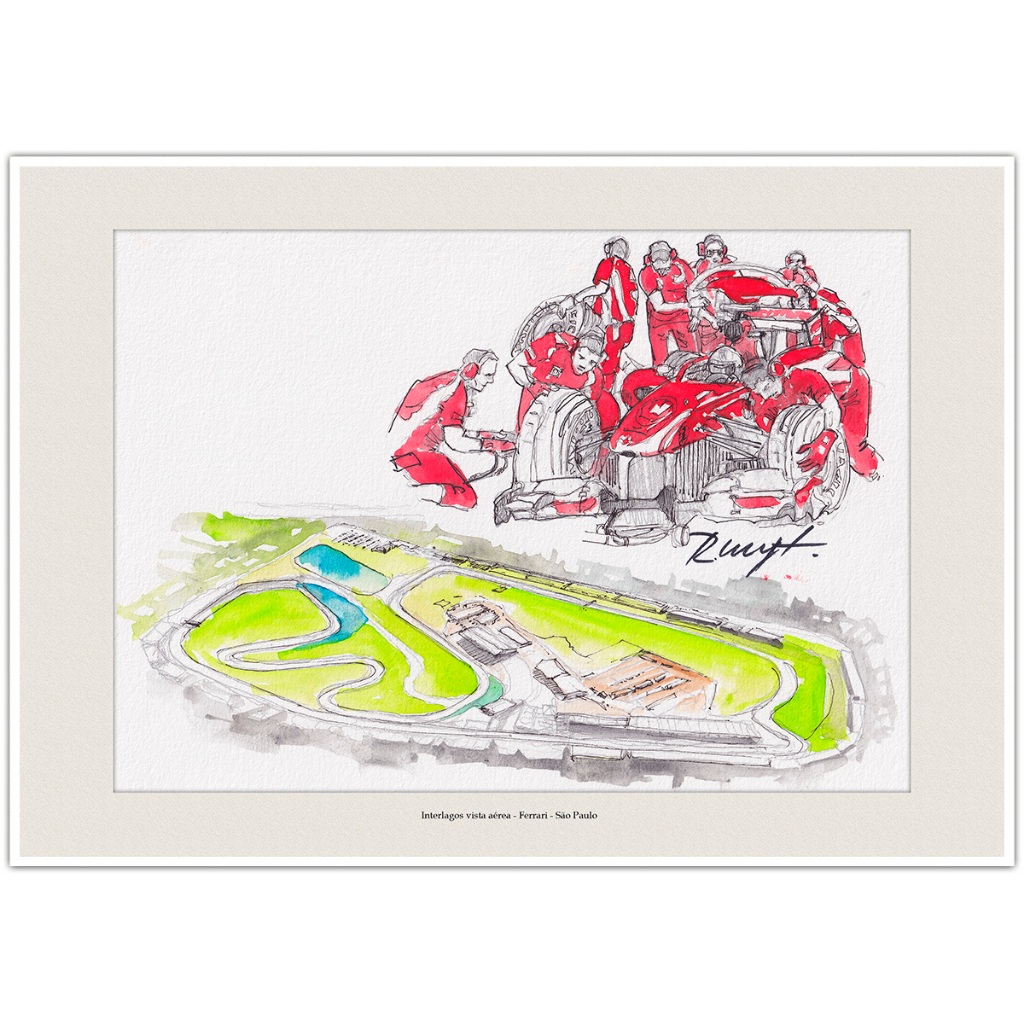 Interlagos vista aérea - Ferrari - São Paulo | Arte em Aquarela para Quadro Decorativo | A4