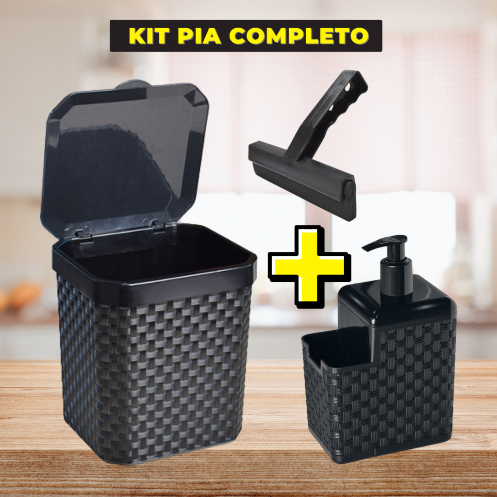 KIT Lixeira Rattan 5L Preta com Tampa + Porta Detergente + Rodinho de pia Kit com 3 peças em Oferta na Shopee