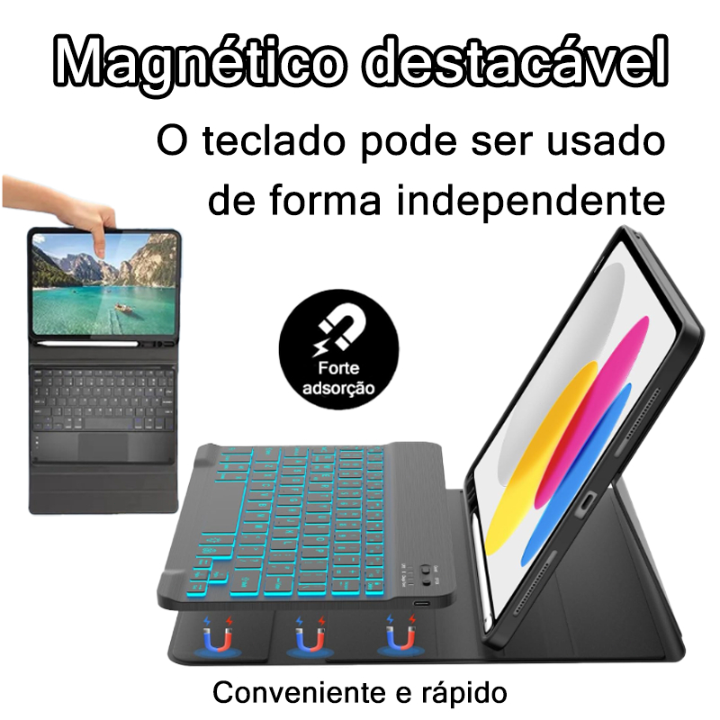 Capa para Samsung tab S6 lite/A9 plus com teclado magnético removível ABNT bluetooth luminoso, mouse recarregável - detalhe
