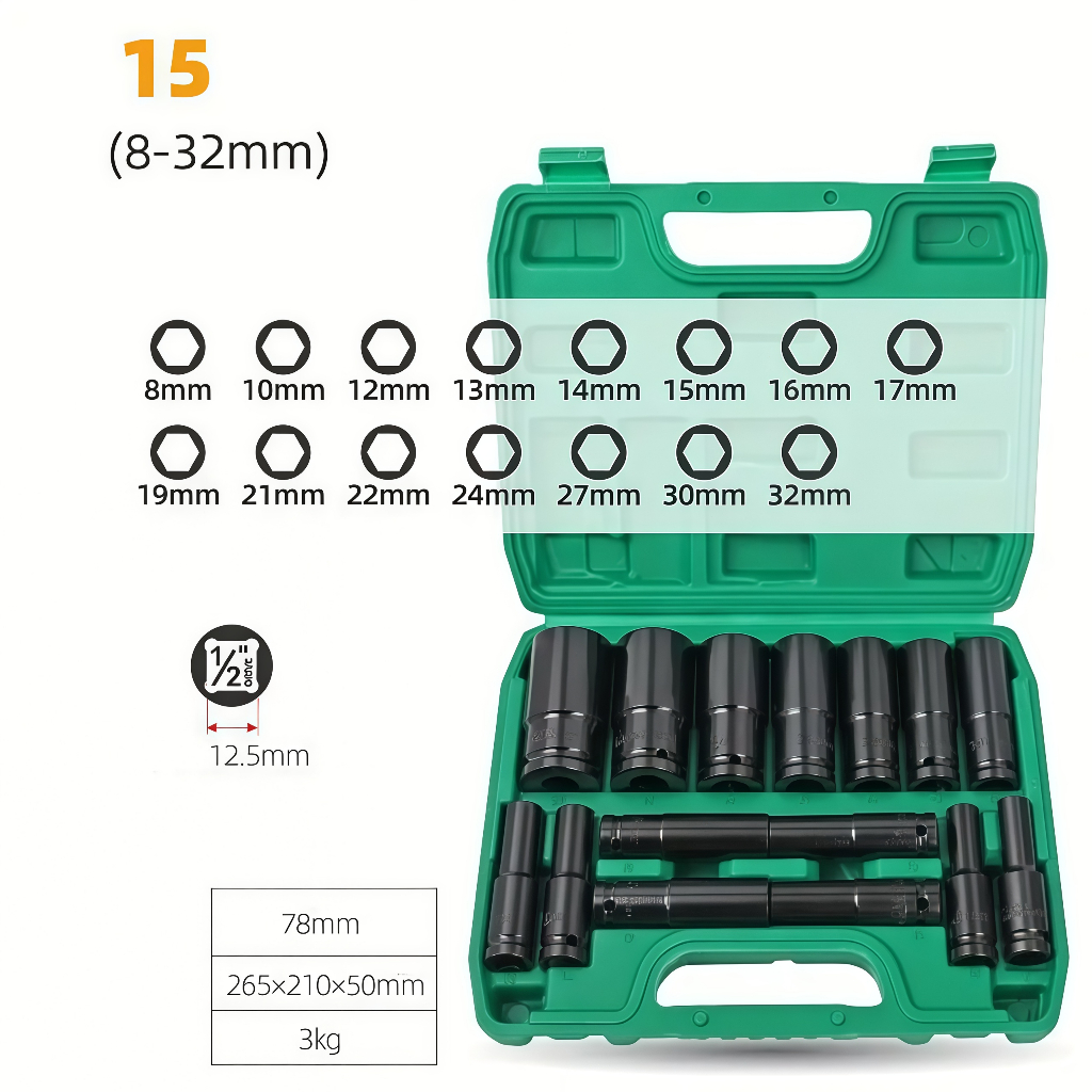 15 Peças Jogo de Soquetes de Impacto Longo 1/2  8 A 32mm