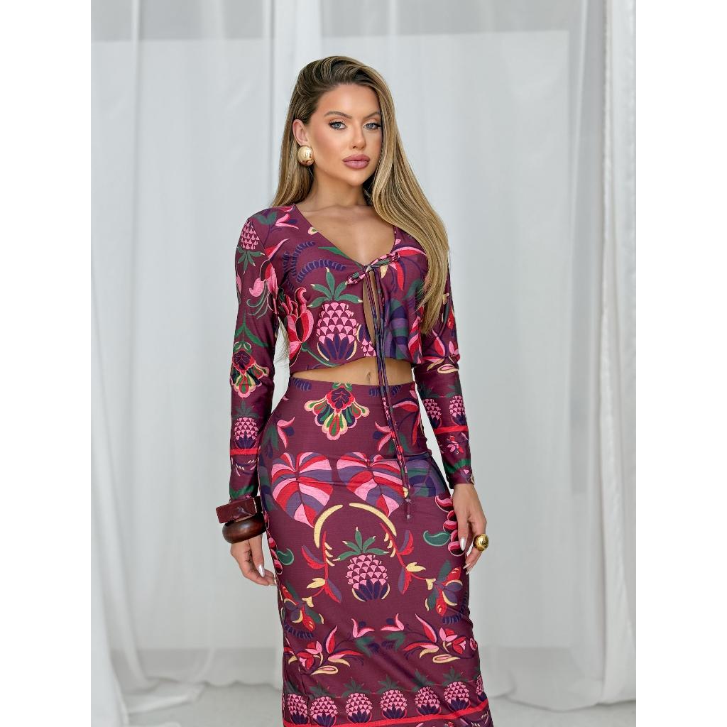 CONJUNTO LIZA - conjunto feminino cropped manga longa estampado + saia midi feminina tendencia moda blogueira