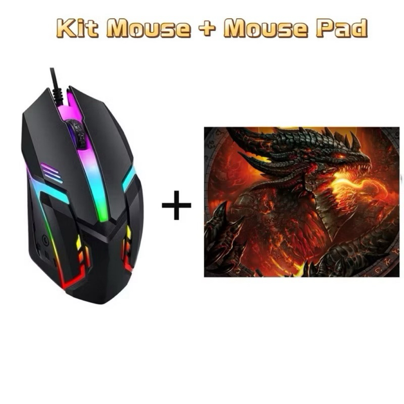 Mouse Gamer com Fio RGB + Mouse Pad Estampado  - Confortável, Ergonômico, Compatível com Windows/Mac/Linux