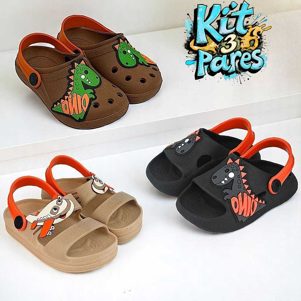 Kit 3 Pares Papete Sandália Infantil Menino e Chinelo Nuvem
