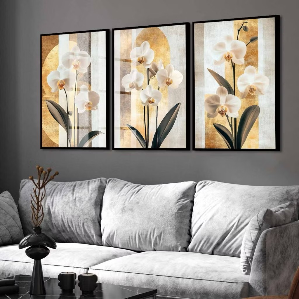 kit 3 quadro decorativo flor orquídea flores brancas orquidário com molduras
