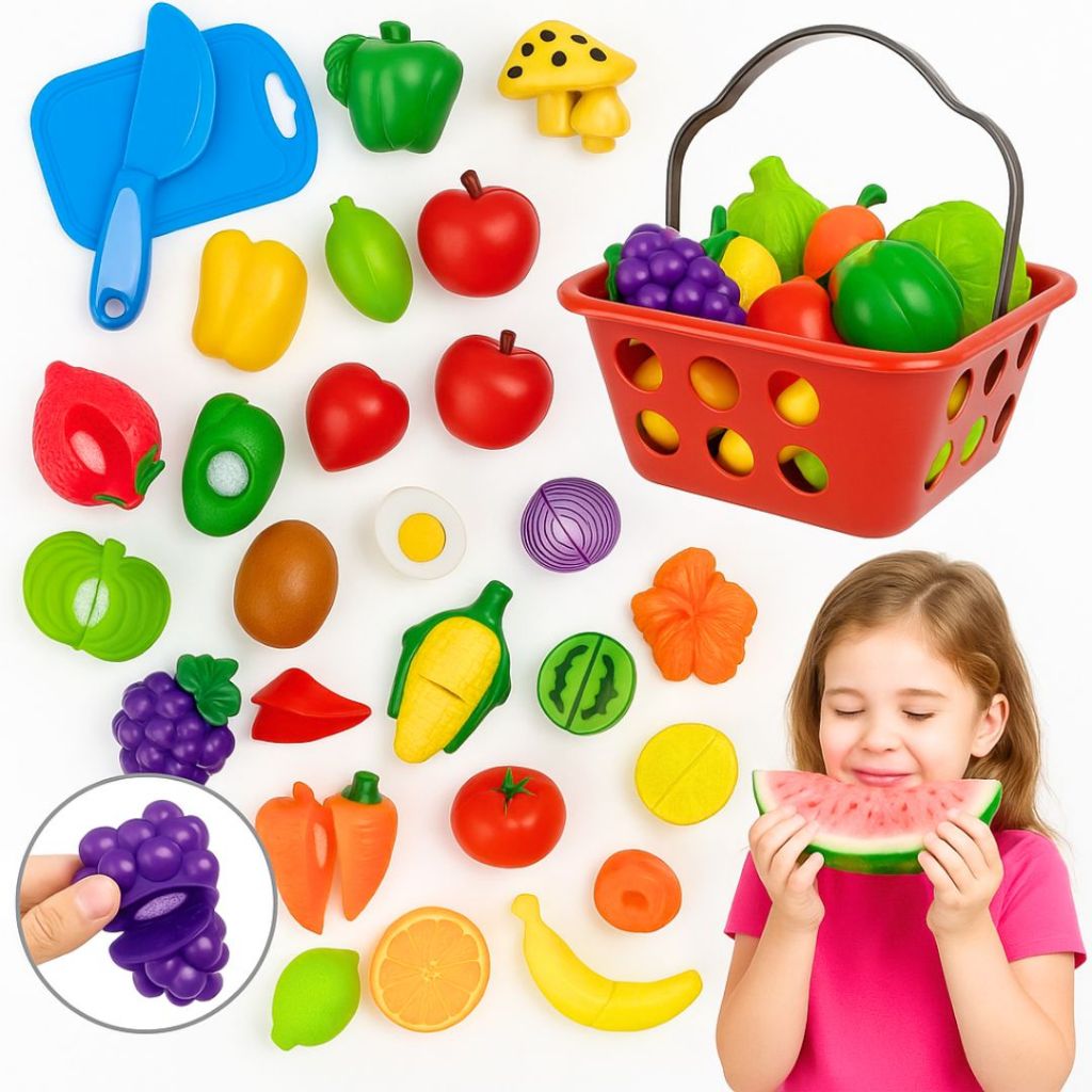 Kit Brinquedo Cozinha Infantil Frutas e Legumes de Corte com Velcr + Cestinha Educativo Presente em Oferta na Shopee