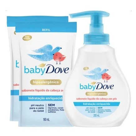Kit 01 Sabonete Dove Baby Hidratação Enriquecida 200ml + 02 refil 180ml cada