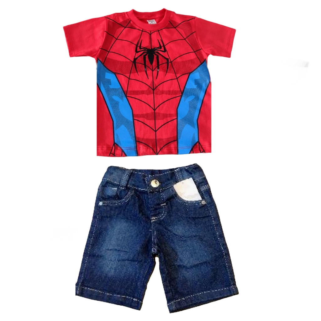 Conjunto Infantil Fantasia Homem Aranha Camiseta Com Bermuda