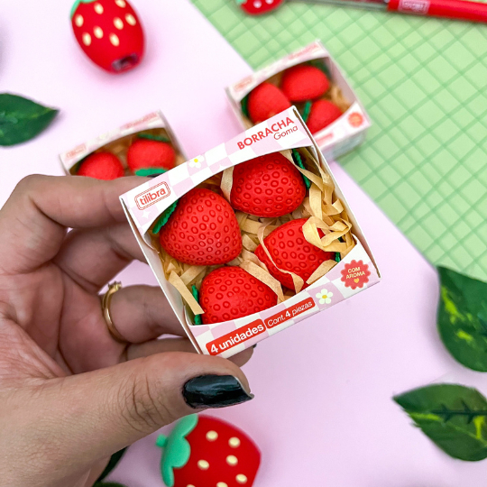 Borracha Decorada Be Berry Morango com Aroma c/4 Borrachas - Tilibra em Oferta na Shopee