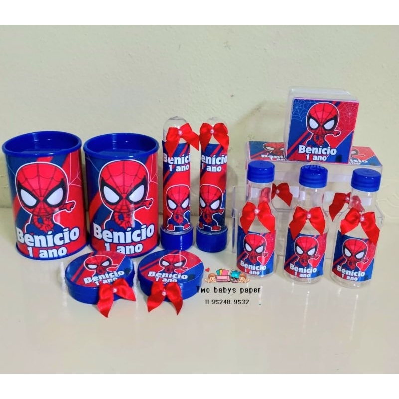 kit com 50 lembrancinha de festa do Homem Aranha Cute, cofrinho, tubete, garrafa,  caixinha e latinha