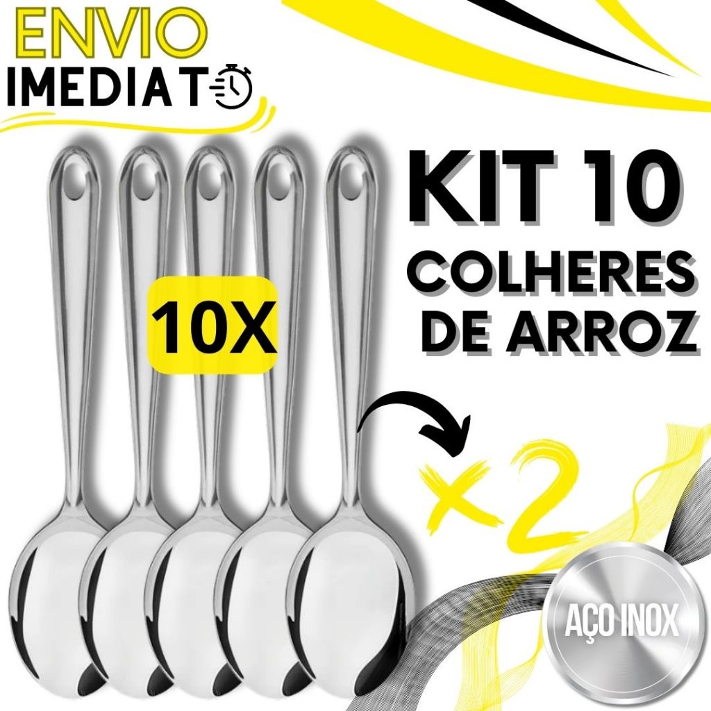 KIT 10 Colher de Arroz GRANDE Aço Inox Polido Brilhante Super Resistente para Casa Cozinha Restaurante Buffet Padaria