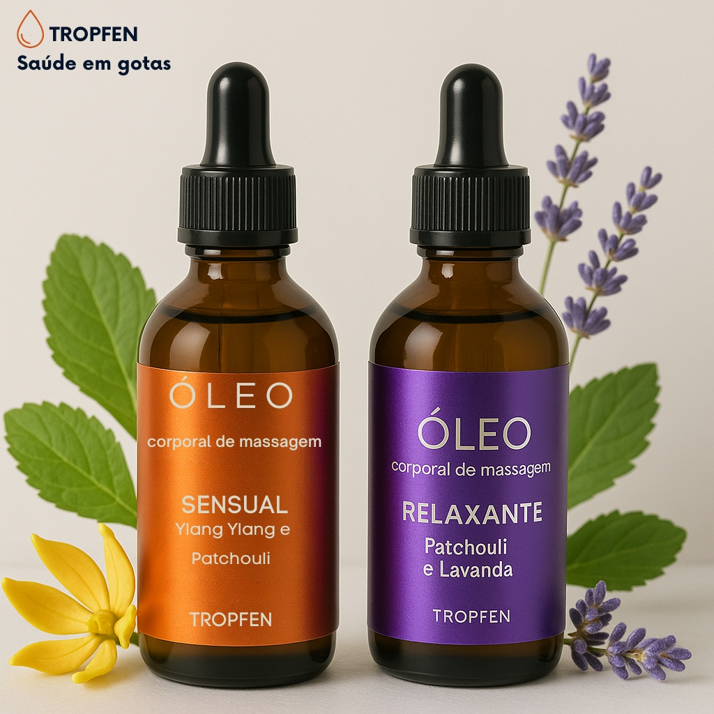 Kit 2 Óleos Corporal de Massagem Tântrica Sensual e Relaxante com Óleo Essencial Lavanda Ylang Ylang