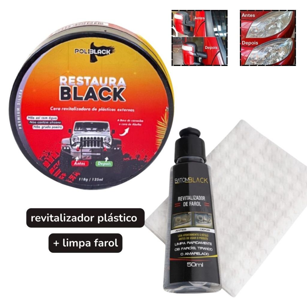 Revitalizador de Plásticos PolyBlack + Limpa Farol Novo Batom Black