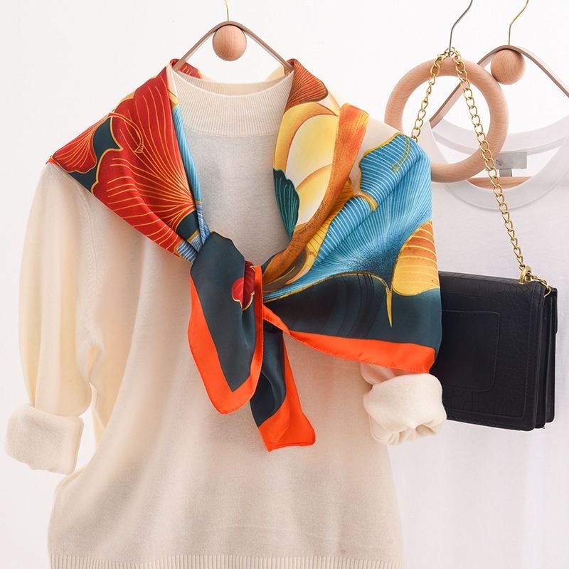 Lenço Feminino de Cetim Seda Folhas Moda Mulher Elegante 90cmX90cm