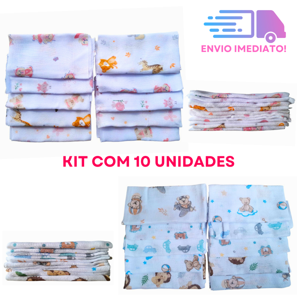 Kit 10 Panos de Boca em Fralda Luxo Estampada 35x35cm100% Algodão em Oferta na Shopee