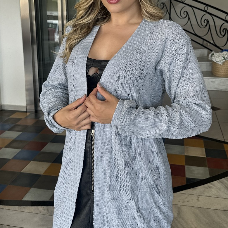 Casaco Feminino Tricot com Bolinhas Cardigan Desenhos Kimono Trico Inverno Longo Elegante