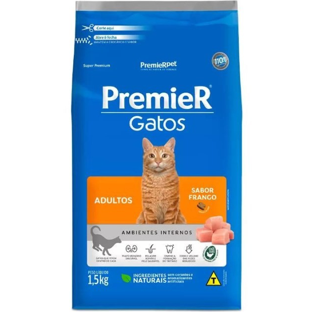 RAÇÃO PREMIER AMBIENTES INTERNOS GATOS ADULTOS FRANGO 1.5KG
