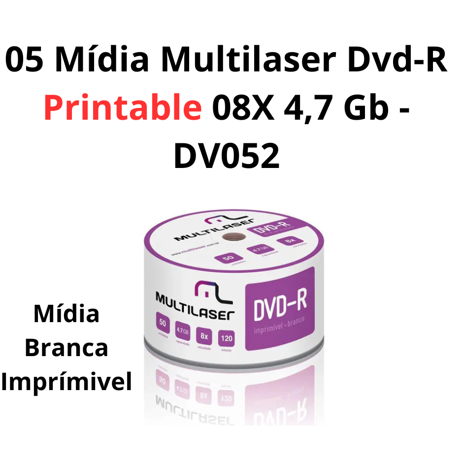 05 unidades de Mídia Virgem DVD-R 4.7gb 16x - Multilaser Printable Branca