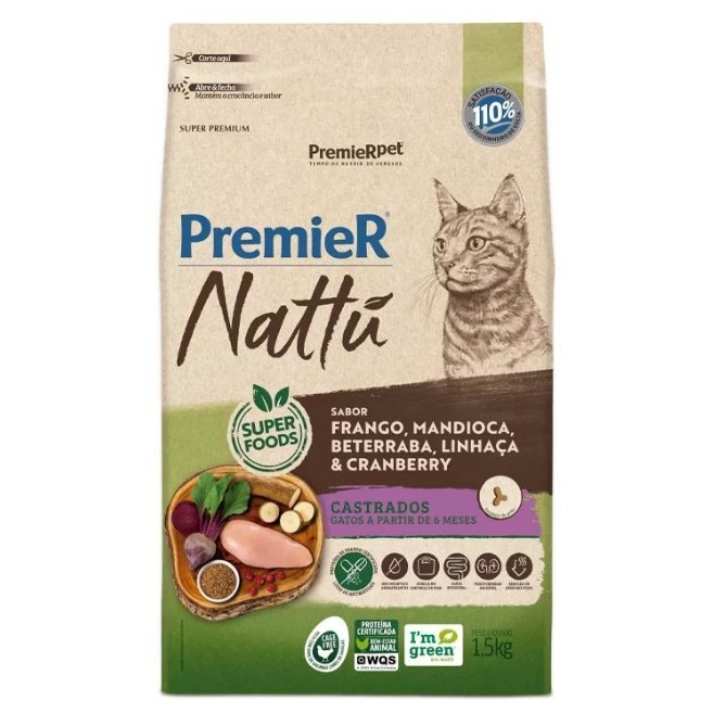 RAÇÃO PREMIER NATTU GATOS ADULTOS CASTRADOS FRANGO E MANDIOCA 1.5KG