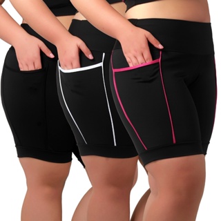 Kit 3 Bermudas Fitness Plus Size Feminina Cós Alto Com Bolsos Laterais em Oferta na Shopee