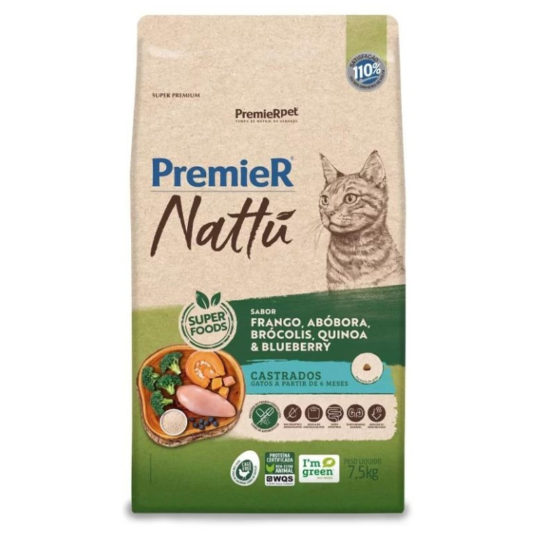 RAÇÃO PREMIER NATTU GATOS ADULTOS CASTRADOS FRANGO E ABÓBORA 7.5KG