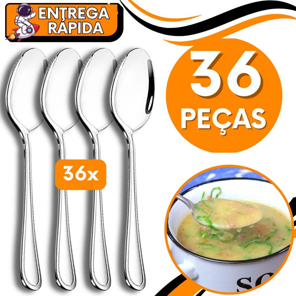 KIT 36 Colher Mesa Sopa Caldo Arroz Risoto Pure Aço Inox Resistente Talher Grande Casa Cozinha Restaurante Pizzaria