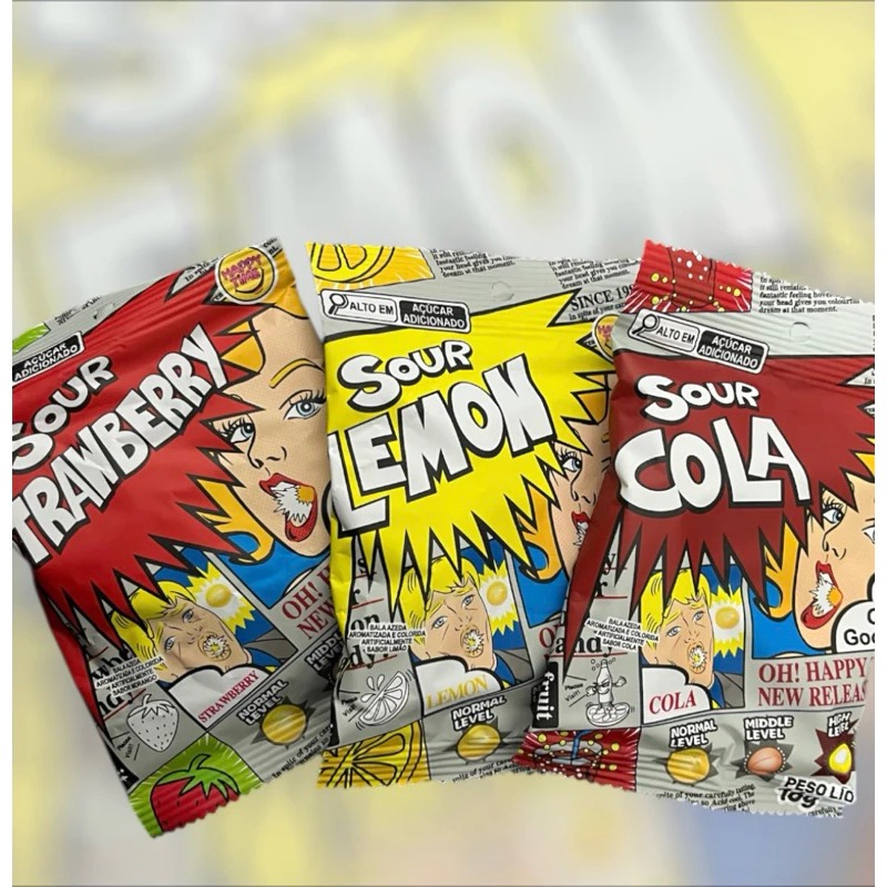 BALA SUPER LEMON SABORES MORANGO LEMON E COLA TAMANHOS 16GR