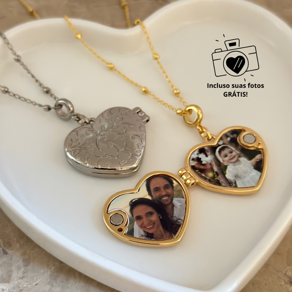 Colar Feminino Relicário Delicado Coração com 2 Fotos Gratis Presente em Oferta na Shopee
