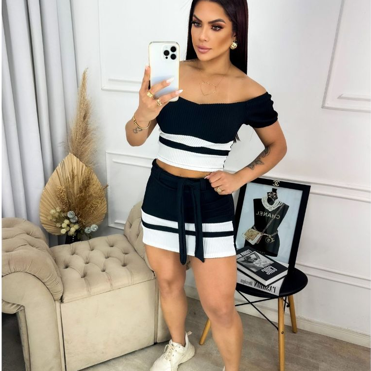 conjunto de luxo (short saia) e cropped malha 3D  conjuntinho feminino tecido canelado premium