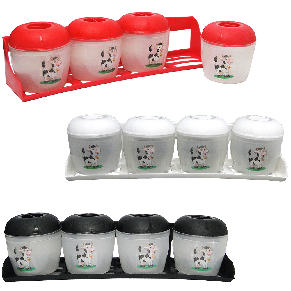 PORTA CONDIMENTO DE PLASTICO VAQUINHA OU GALINHA COM 4 PECAS + SUPORTE ORGANIZADOR VERMELHO PRETO