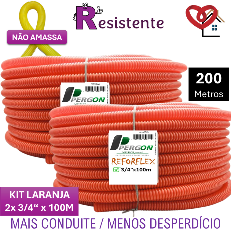 300/200 e 100 metros de Eletroduto Conduite 3/4" Corrugado Reforçado Laranja PERGON CANDUIT