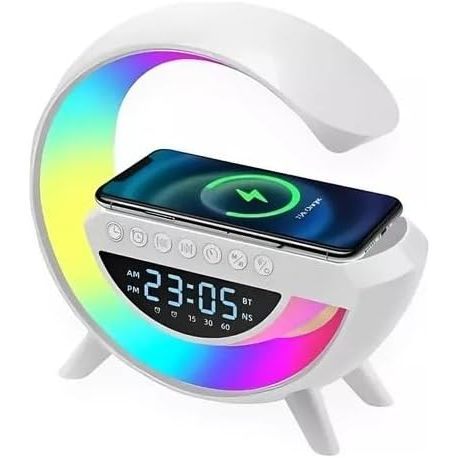 Caixa de Som G-Speaker Carregador Indução Smart Station 4 em 1 com Luminária RGB LED, Relógio Digital e  Bluetooth
