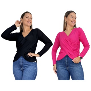 kit 2 Blusa Transpassada Elegante Premium Para Amamentação Camiseta Manga Longa Amamentar Pós Parto em Oferta na Shopee