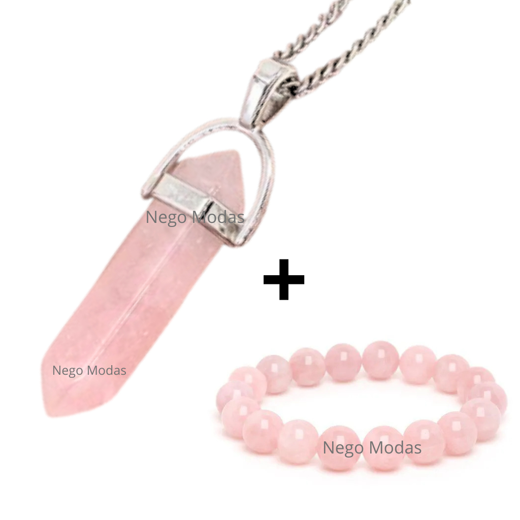 Kit Quartzo Rosa Colar Obelisco Pulseira da Harmonia Pedra Natural Purifica Protege Conjunto Aço Inox