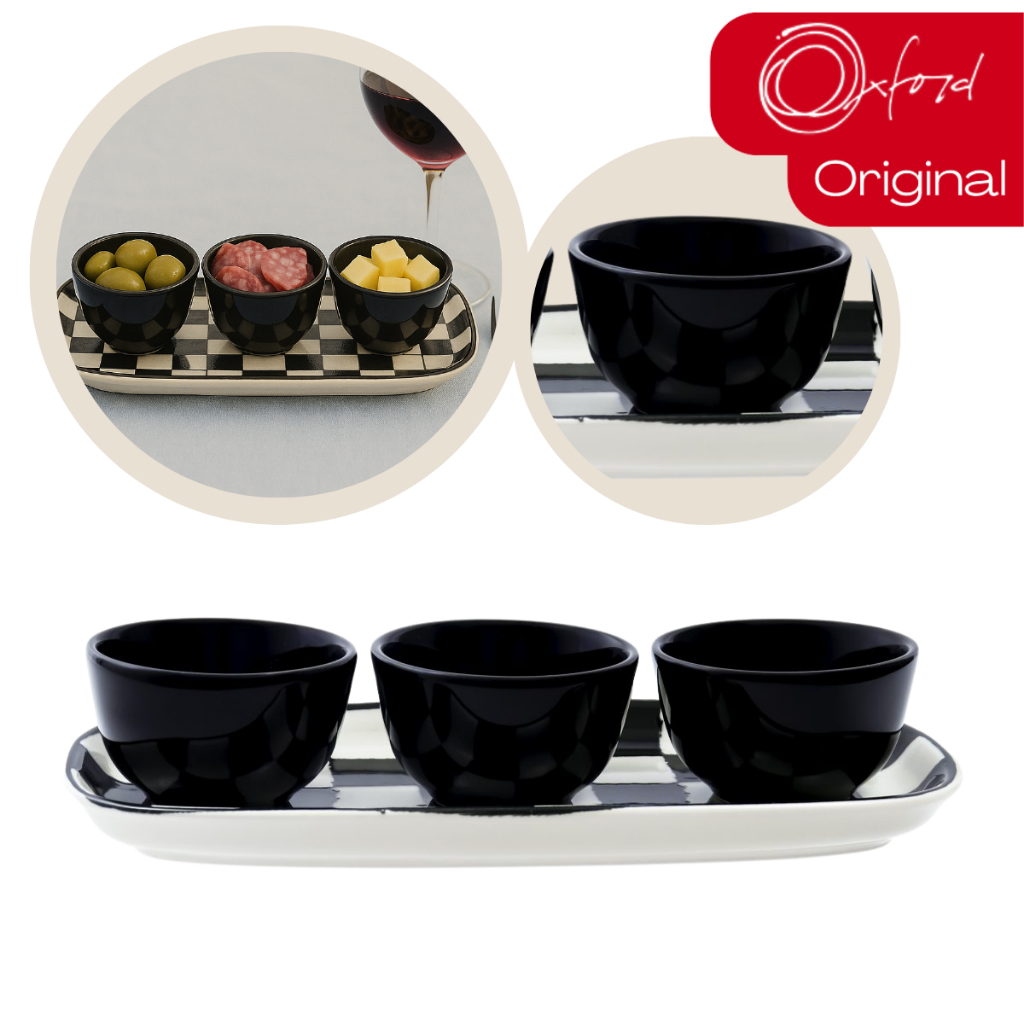 Jogo Petisqueira Bandeja Retangular 3 Bowls Para Servir Damas Oxford