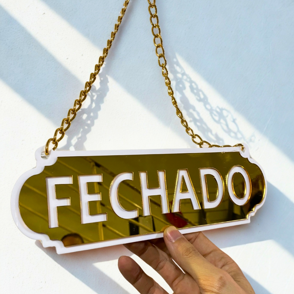 PLACA DE SINALIZAÇÃO ABERTO E FECHADO EM ACRILICO ESPELHADO COM VENTOSA