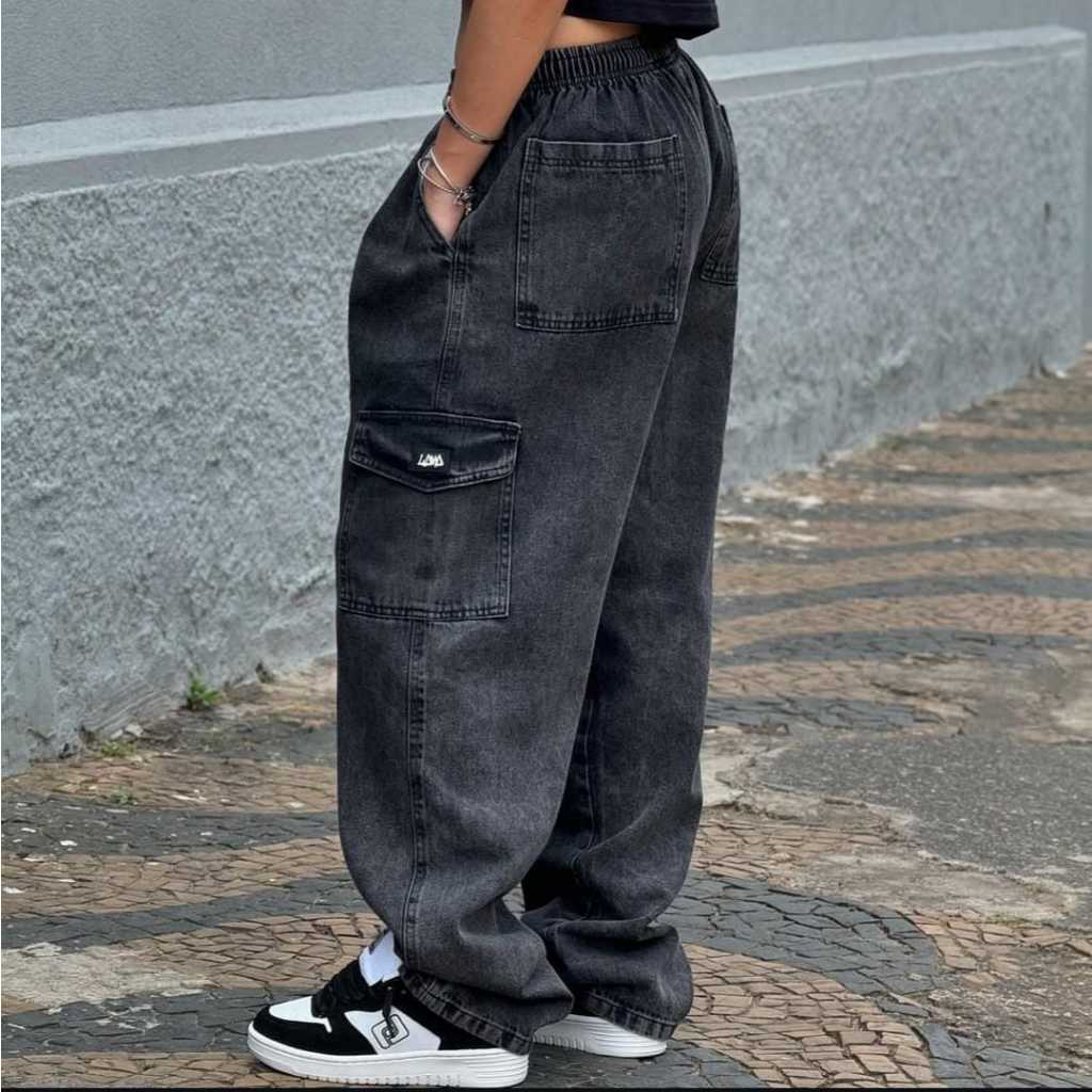 Calça Cargo Grafite FEMENINO Streetwear Hype Original Jeans Estonada Cinza