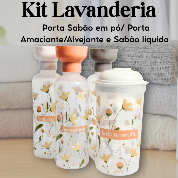 Kit Lavanderia 4pçs -Sabão Liq/ Alvejante/Amaciante/ Sabão em Pó - Com tampa dosadora - Plasútil