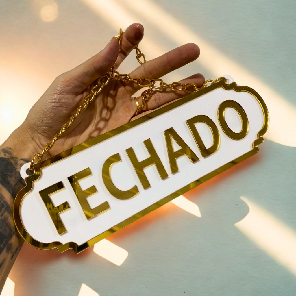 PLACA ABERTO E FECHADO EM ACRILICO ESPELHADO DUPLA FASE COM VENTOSA