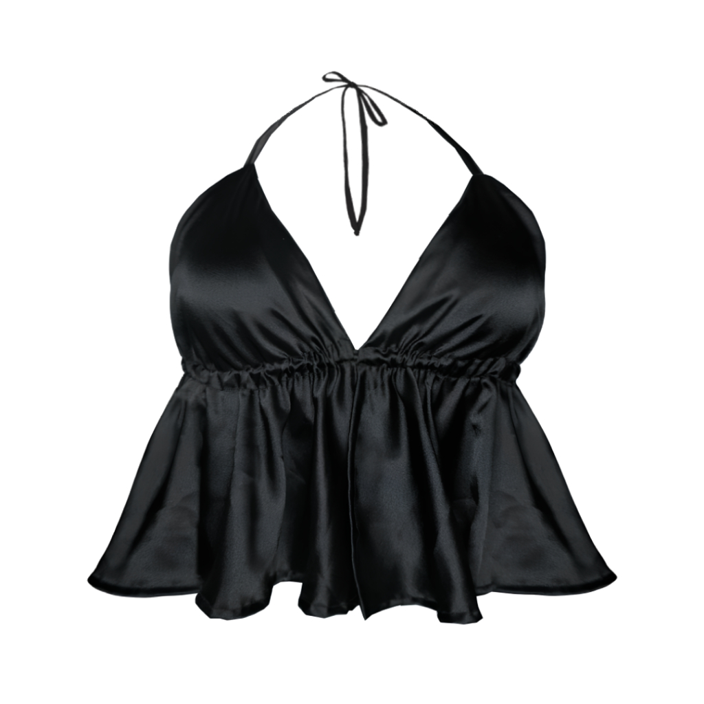 Cropped Top Feminino Cortininha Elegante com Babados de Cetim em Oferta na Shopee